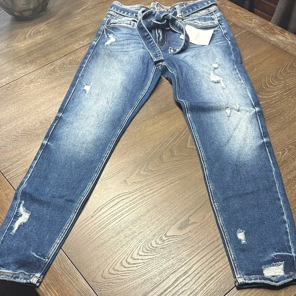 KanCan Dark Blue Distressed Skinny Jeans with Tie Belt - Picture 4 of 8